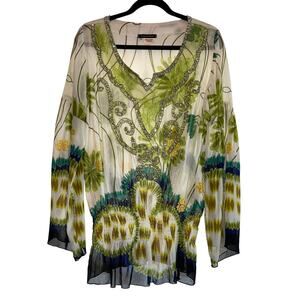 Boston Proper Beaded Floral Sheer Tunic Blouse Green Women’s Sz Medium